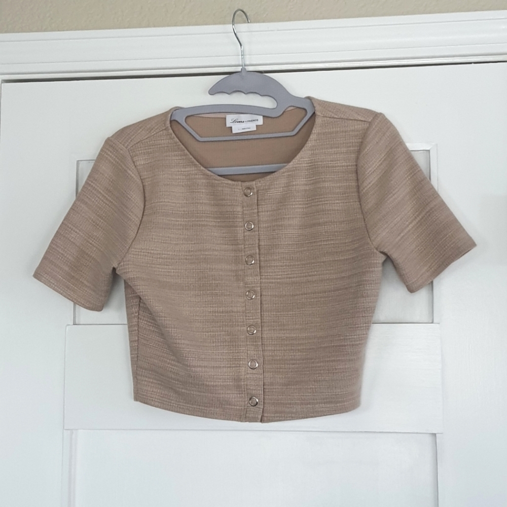 Lovers + Friends Cropped Cardigan Ladies S Tan Neutral Snap Buttons Short Sleeve